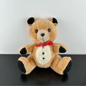 Vintage Russ Teddy Bear Tuxedo Button Brown Red Bow 9โ Plush Stuffed Animal